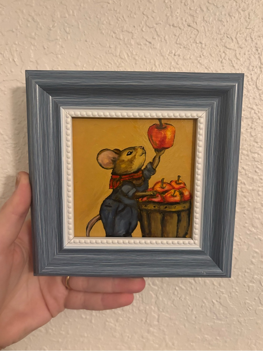 "Harvest Mouse” Original oil painting on wood board mini framed 4x4"